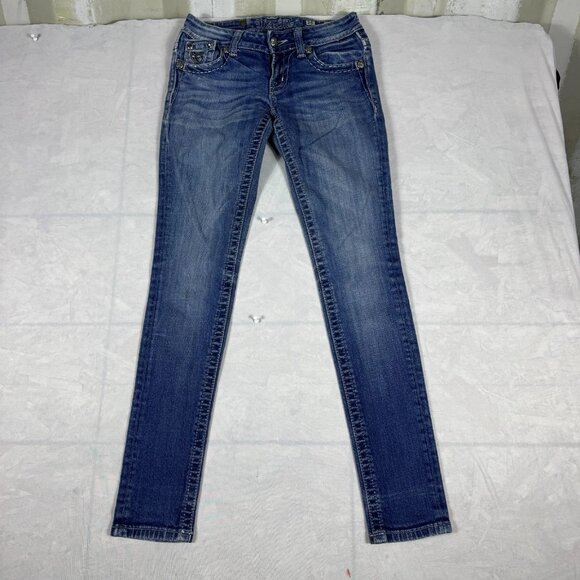 Miss Me Skinny Jeans Womens Blue Deinm Studded Whiskering Pockets Outdoor 25 - Picture 1 of 16